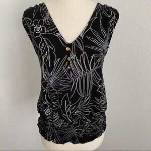 Ellen Tracy Floral Abstract Black White Pattern Sleeveless Rouche Sexy Size S